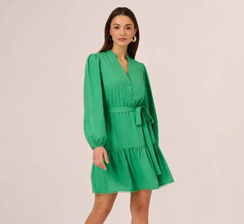 Wedding guest dresses for evening parties with friends -Long Sleeve Scallop Trim Short Dress In Green