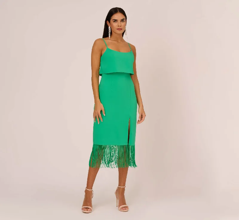 Best wedding guest dresses for a formal evening affair -Stretch Crepe Popover Midi Dress With Fringe Hem In Summer Green