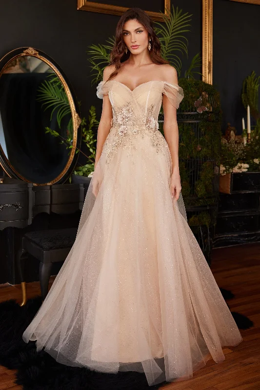 cocktail dresses with halter tops for chic style --3D Floral Off Shoulder Tulle Gown by Ladivine CD3395