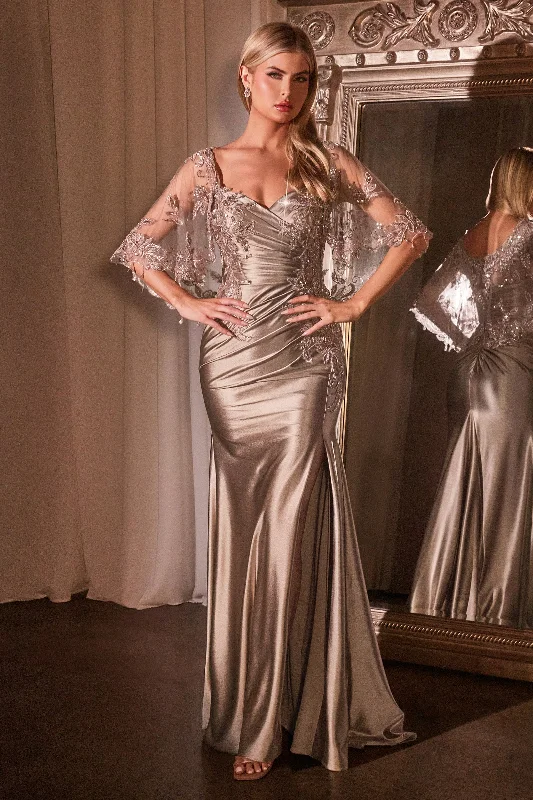 Comfortable wedding guest dresses for dancing and long hours -Applique Satin Capelet Slit Gown by Ladivine CDS499 - Outlet