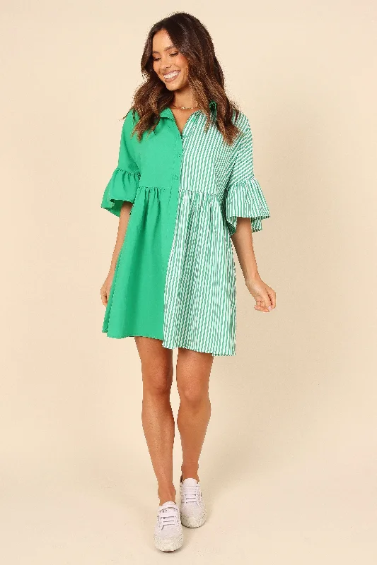 Vintage-inspired spring dresses for a retro vibe -Didi Frill Mini Dress - Green Stripe