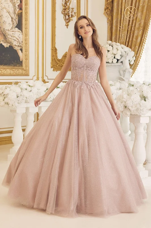 cocktail dresses with sequin skirts for party nights --Applique Strapless Ball Gown by Nox Anabel CU1102