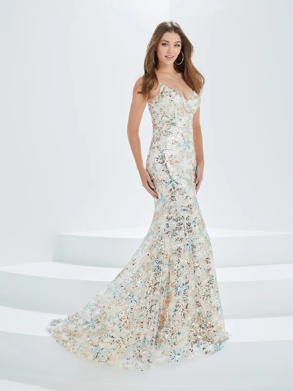 cocktail dresses with mesh necklines for modern appeal --Sequin Print V-Neck Mermaid Dress by Tiffany Designs 16028
