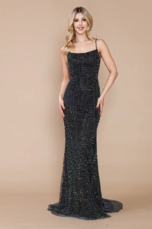 cocktail dresses with tiered skirts for playful movement --Fitted Rhinestone Beaded Sleeveless Slit Gown by Poly USA 9284
