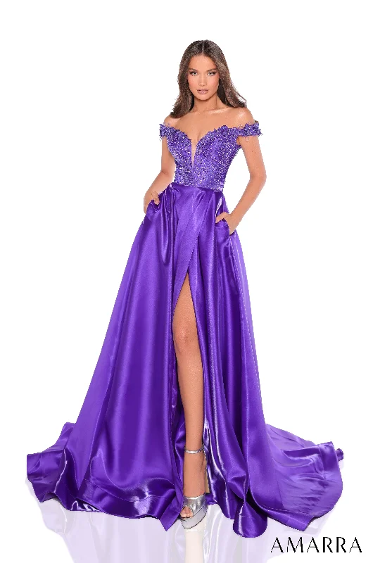 formal dresses with detachable capes for dramatic effect --Beaded Off Shoulder A-line Slit Gown by Amarra 88247