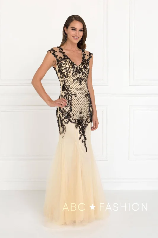 cocktail dresses with sweetheart necklines for romantic looks --Beaded Tulle Champagne/Black Mermaid Gown by Elizabeth K GL2169