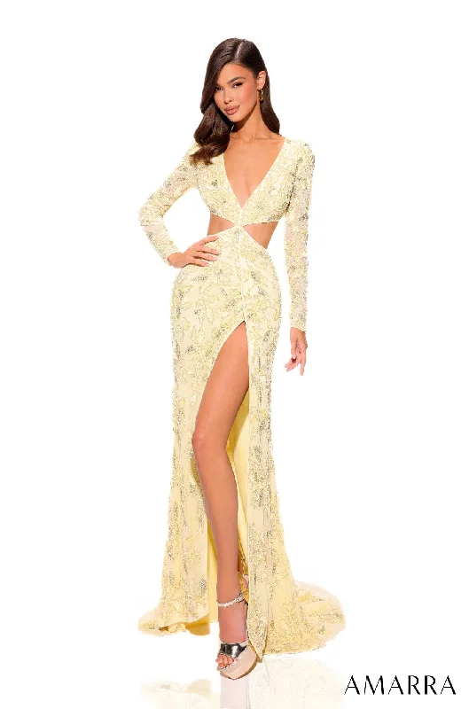 How to choose wedding guest dresses for different seasons -Fitted Embroidered Long Sleeve Cutout Gown by Amarra 94019