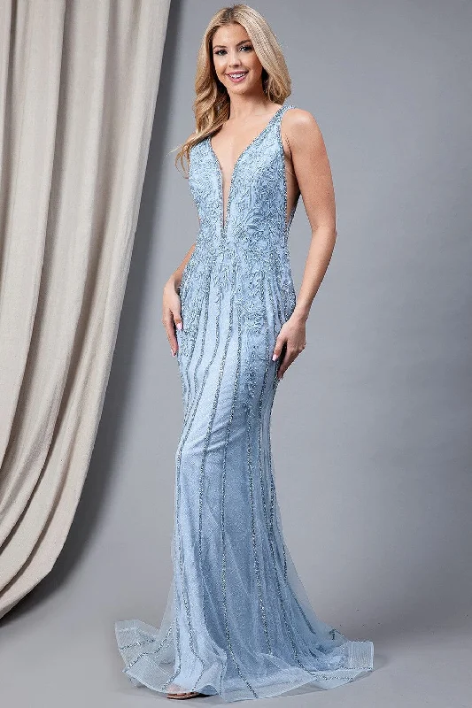 Vintage-inspired wedding guest dresses for retro vibes -Fitted Embroidered Lace Gown by Amelia Couture 2103