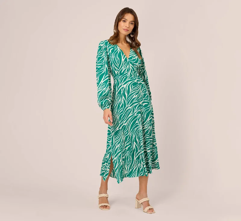Wedding guest dresses that are comfortable yet chic -Printed Faux Wrap Dress With Bishop Long Sleeves In Green Ivory