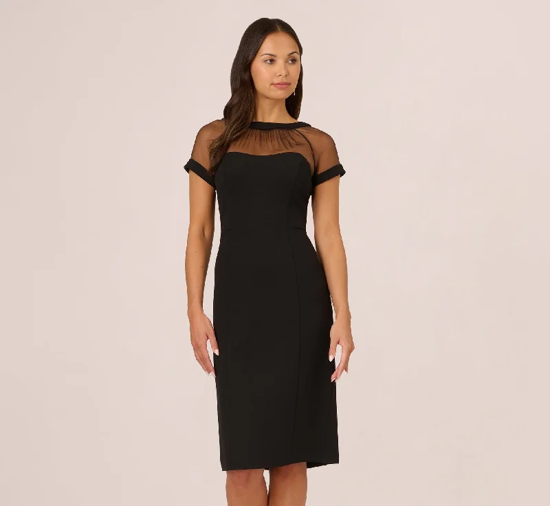 Comfortable spring dresses for school days -Short Sleeve Sheath Dress With Illusion Details In Black