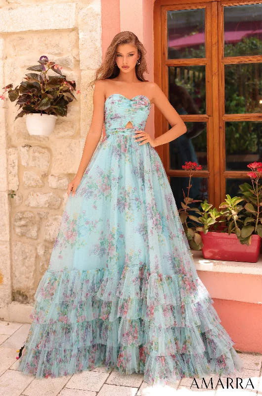 formal dresses for plus size women with A-line skirts --Print Strapless A-line Ruffled Gown by Amarra 88313