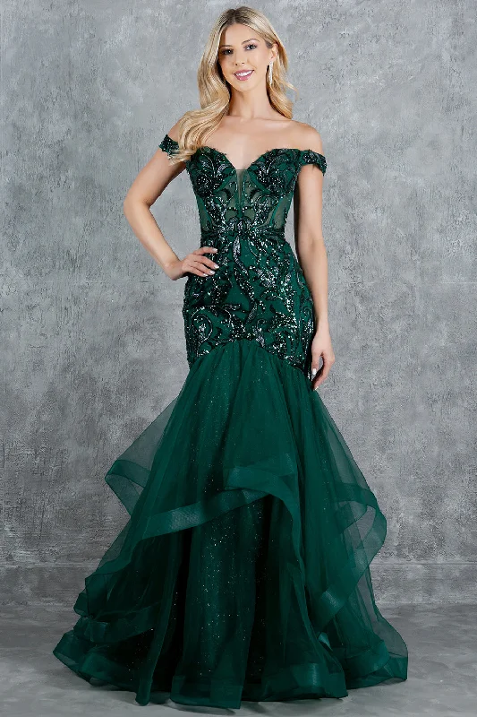 formal dresses for plus size women with A-line skirts --Off Shoulder Ruffled Gown by Cinderella Couture 8274J