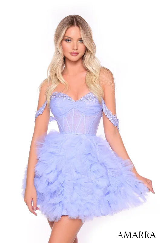 Graduation dresses with an elegant belt for added flair -Short Off Shoulder Ruffled A-line Dress by Amarra 88015