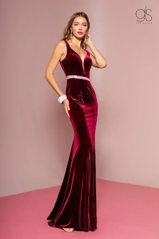 formal dresses with floral appliques for romantic looks --Long V-Neck Velvet Dress with Open Back by Elizabeth K GL2559