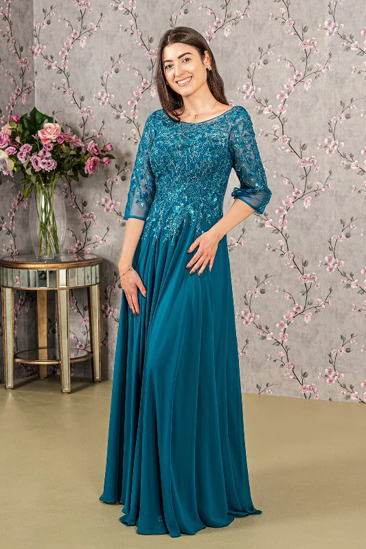 Best dresses for wedding guests attending a garden wedding -Bead Applique 3/4 Sleeve A-line Gown by GLS Gloria GL3447