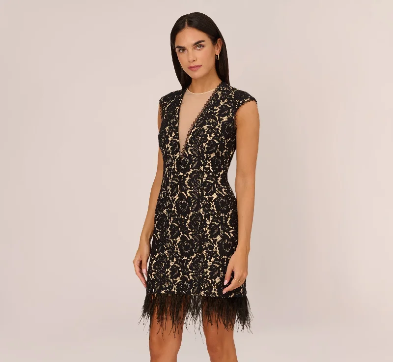 Wedding guest dresses with tiered skirts for maximum volume -Cap Sleeve Lace Cocktail Dress With Feather Trim In Black Nude