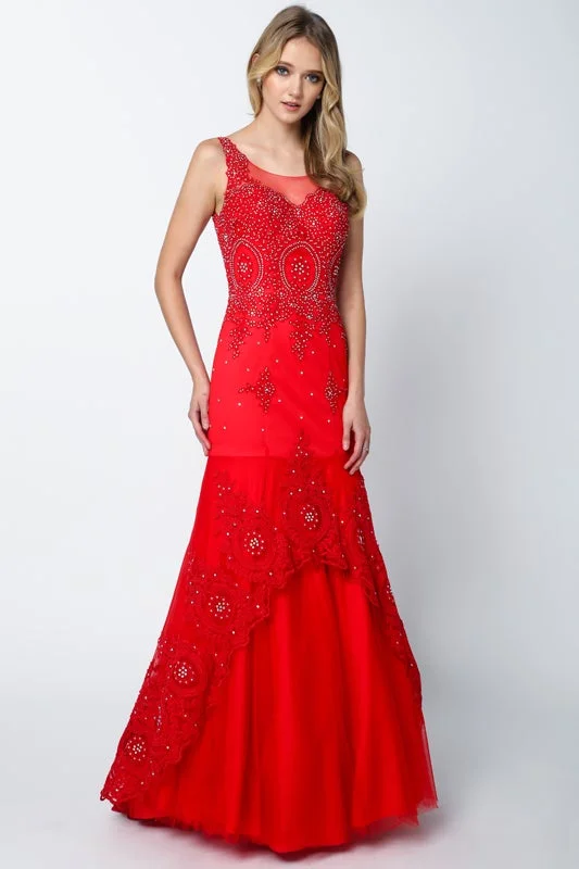 cocktail dresses with mesh panels for modern style --Lace Applique Sleeveless Mermaid Dress by Juliet 654