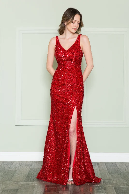 formal dresses made from recycled polyester for eco-conscious buyers --Fitted Sleeveless Sequin Gown by Poly USA 8872
