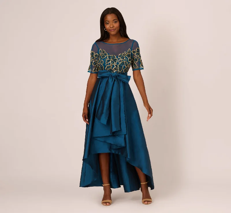 formal dresses for tall women with high slits --Bead Taffeta High Low Long Dress In Teal Sapphire Gold