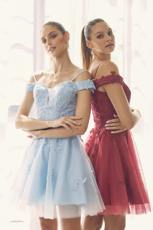 Elegant off-the-shoulder dresses for cocktail parties -Embroidered Short Cold Shoulder Dress by Juliet 866