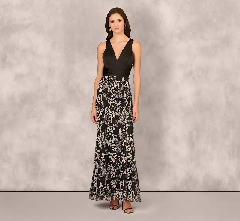 formal dresses for holiday balls with metallic accents --Sleeveless Embroidered A Line Gown In Grey Multi