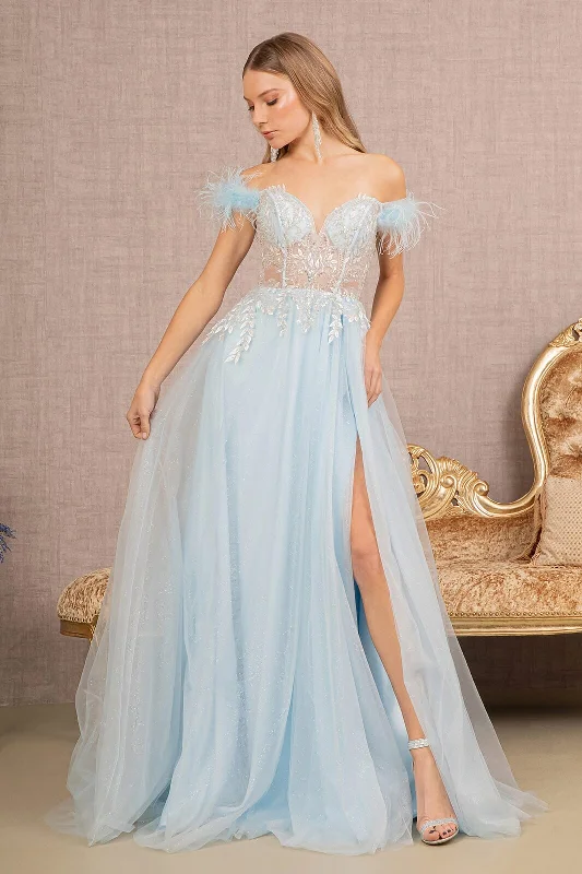 cocktail dresses with puff sleeves for vintage vibes --Off Shoulder Feather Slit Gown by GLS Gloria GL3135