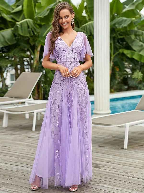 Lightweight party dresses for tropical celebrations -Romantic Shimmery V Neck Ruffle Sleeves Maxi Long Evening Gowns