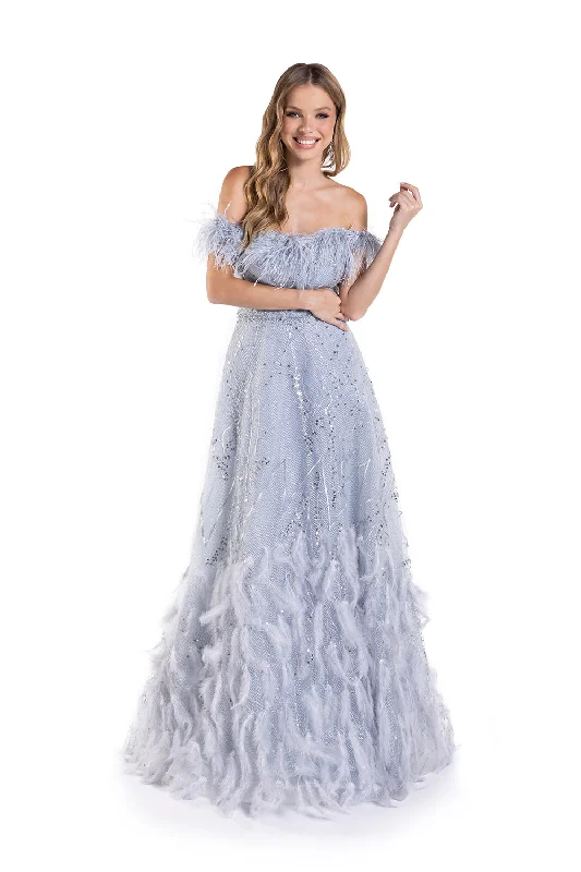 cocktail dresses with satin fabric for smooth texture --Off Shoulder Feather A-line Gown by Lucci Lu C8052