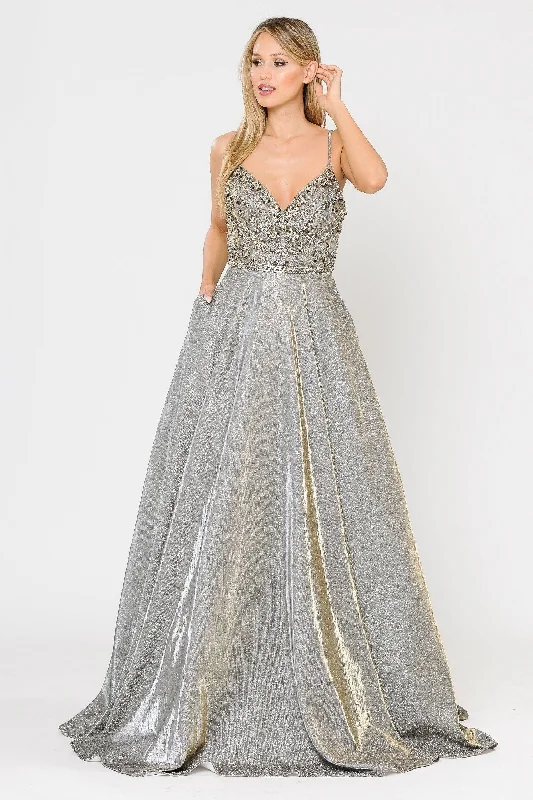 formal dresses for senior women with classic cuts --Long Metallic Glitter Dress with Beaded Bodice by Poly USA 8414