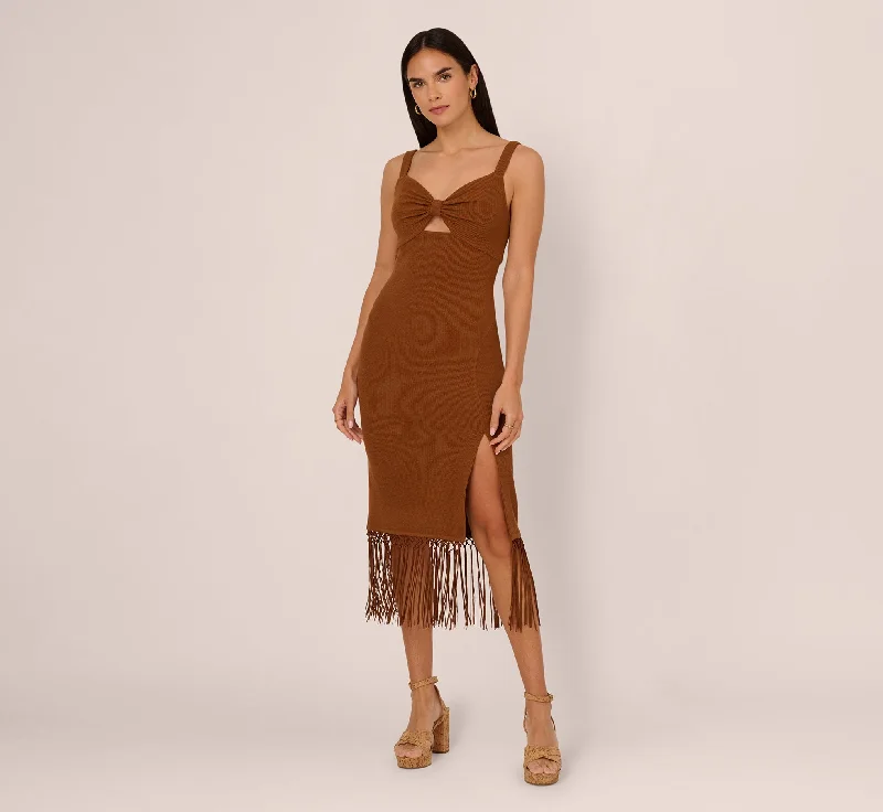 Spring dresses for a night out with a chic, edgy style -Fringe Trim Midi Dress With Keyhole Cutout Bust In Light Brown