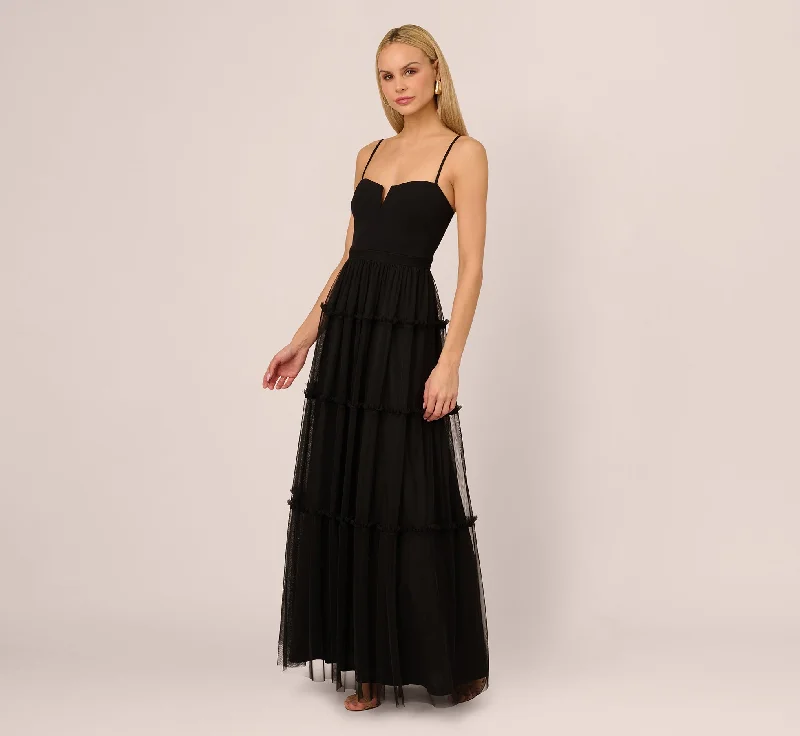 formal dresses for women with disabilities featuring magnetic closures --Sleeveless Notch Neck Tiered Mesh Gown In Black