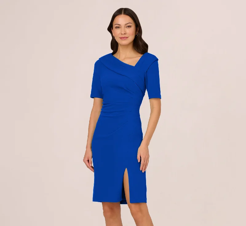 Spring dresses with a floral print for the season -Short Sleeves Sheath Dress With Asymmetrical Neckline In Violet Cobalt