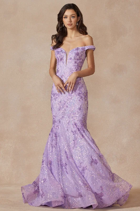 formal dresses for church events with modest hemlines --Embellished Off Shoulder Mermaid Dress by Juliet 2412