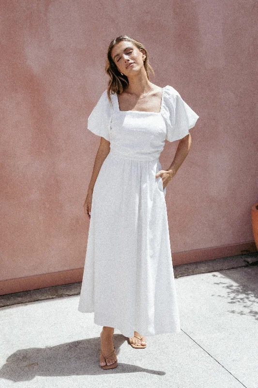 Graduation dresses for summer ceremonies with lightweight options -Clo Puff Sleeve Midi Dress - White