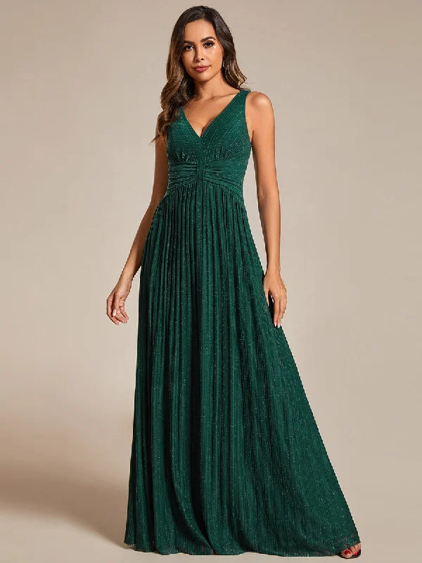 Embellished cocktail dresses for extra glamour -Glittery Pleated Empire Waist Sleeveless Formal Evening Dress
