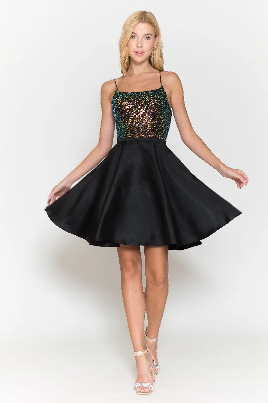 Graduation dresses with floral accents for a spring touch -Short Sequin Bodice A-line Dress by Poly USA 8730