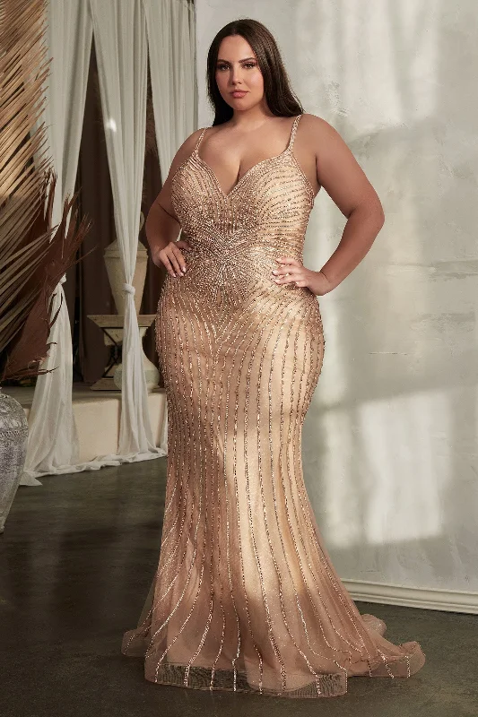 formal dresses for winter balls with faux fur accents --Plus Size Fitted Beaded Sleeveless Gown by Ladivine CD845C