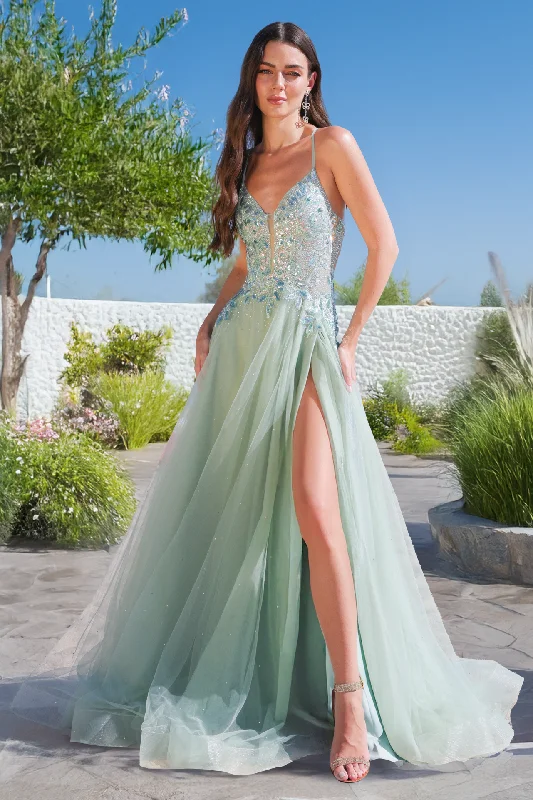 cocktail dresses with adjustable straps for comfortable fit --Sleeveless A-line Slit Gown by Amelia Couture TM1028