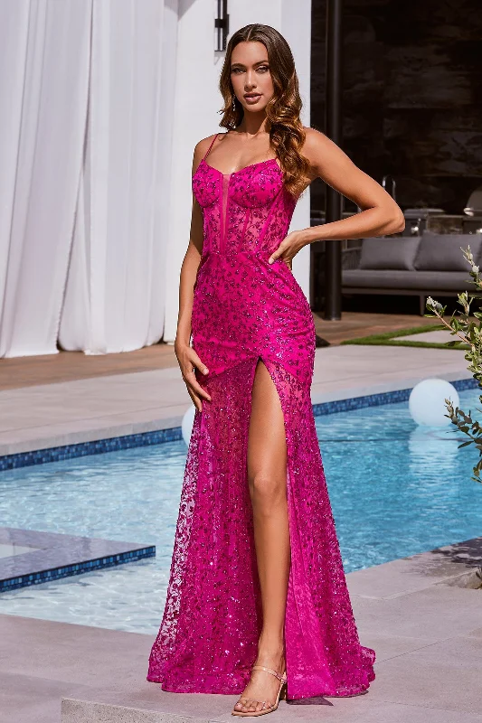 cocktail dresses with two-tone designs for modern look --Fitted Glitter Print Sleeveless Slit Gown by Ladivine C155