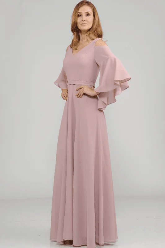 bridesmaid dresses with satin fabric for smooth texture --Long Cold Shoulder Dress with Bell Sleeves by Poly USA 8300
