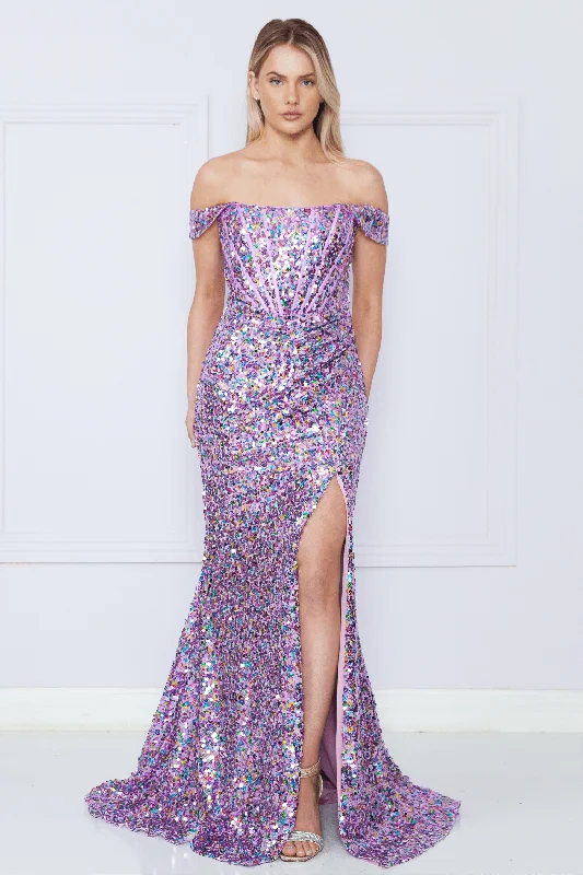 Wedding guest dresses with pockets for practicality -Fitted Off Shoulder Sequin Slit Gown by Poly USA 9150