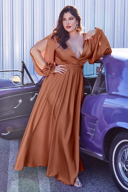 cocktail dresses with halter necks for formal dinners --Plus Size Long Sleeve Satin Gown by Cinderella Divine 7475C