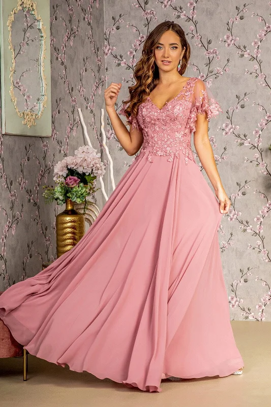 Stunning wedding guest dresses with delicate floral appliqué -Floral Applique Short Sleeve A-line Gown by GLS Gloria GL3352