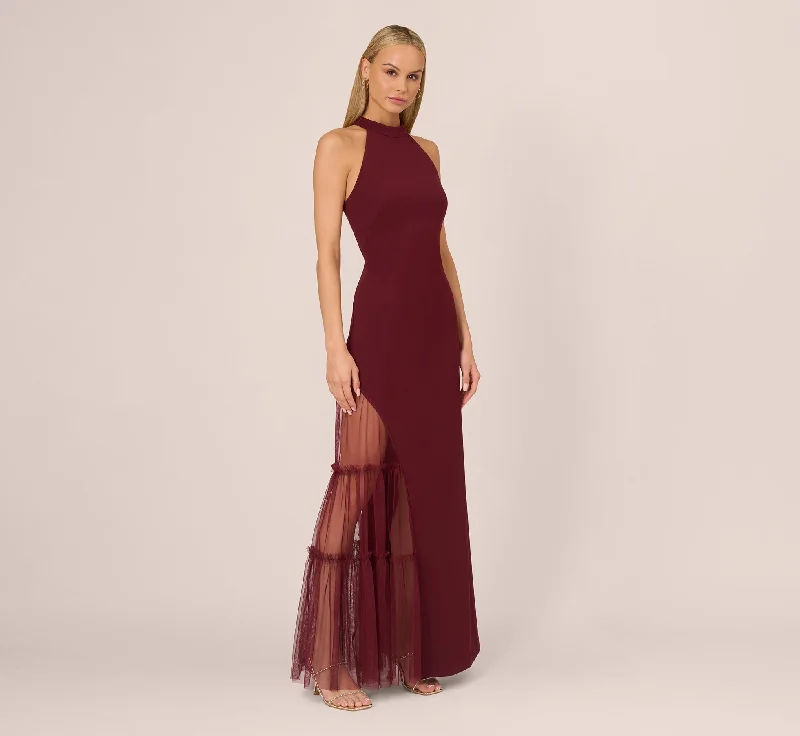 formal dresses with built-in cooling technology for hot climates --Crepe Halter Gown With Sheer Ruffled Mesh Skirt In Blackened Red