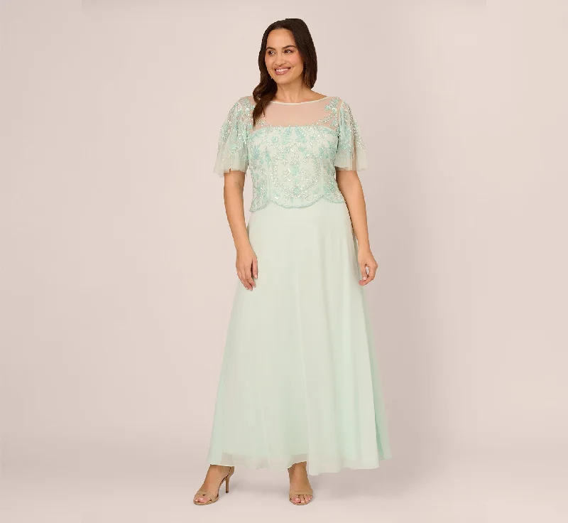 formal dresses for winter balls with faux fur accents --Plus Size Hand-Beaded Illusion Long Gown With Flutter Sleeves In Mint Glass