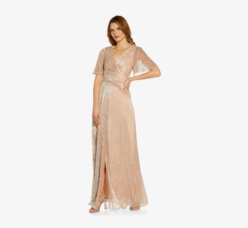 formal dresses for holiday balls with metallic accents --Metallic Mesh Draped Gown In Rose Gold