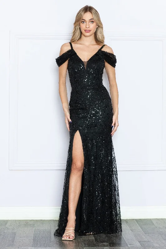 cocktail dresses with beaded straps for sparkle --Fitted Glitter Print Cold Shoulder Slit Gown by Poly USA 9384