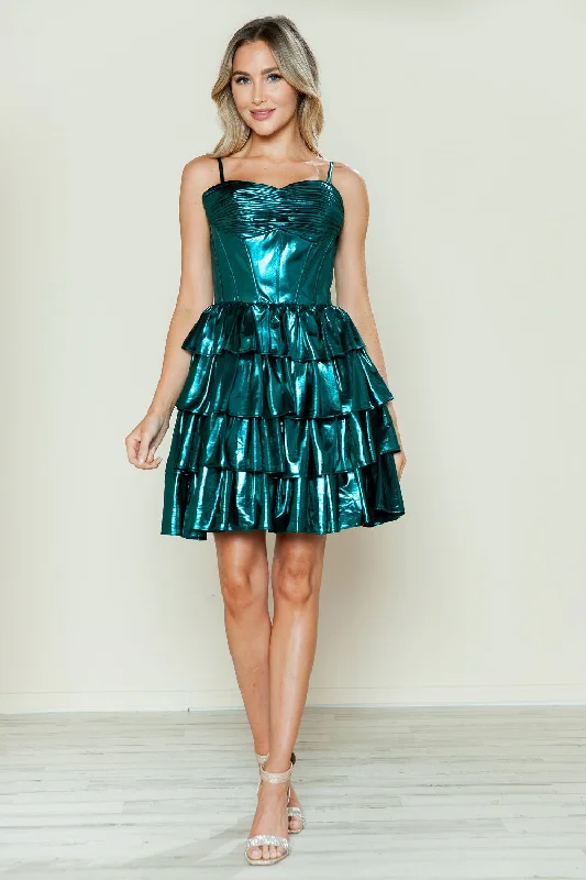 Beautiful white dresses for upscale events -Metallic Short A-line Ruffled Dress by Poly USA 9678