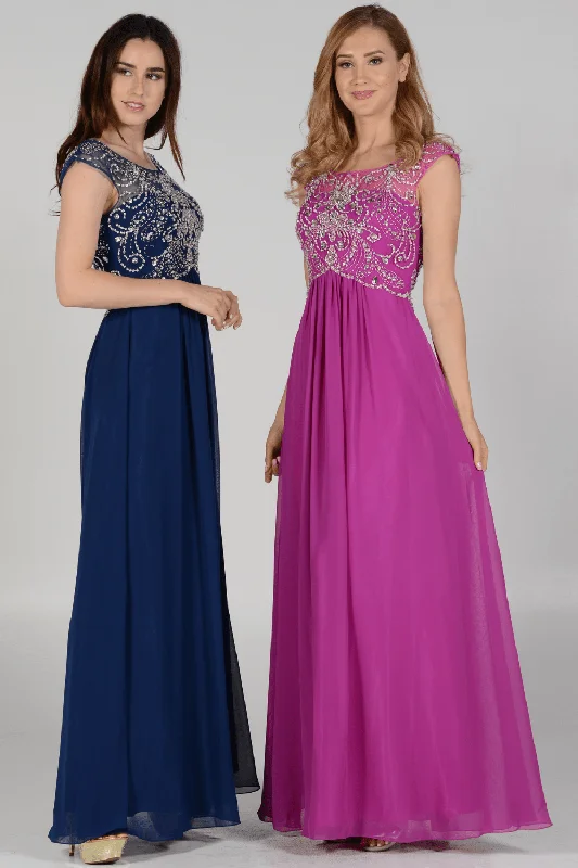 cocktail dresses with ruched bodices for flattering fit --Long Cap Sleeve Dress with Jeweled Bodice by Poly USA 7122