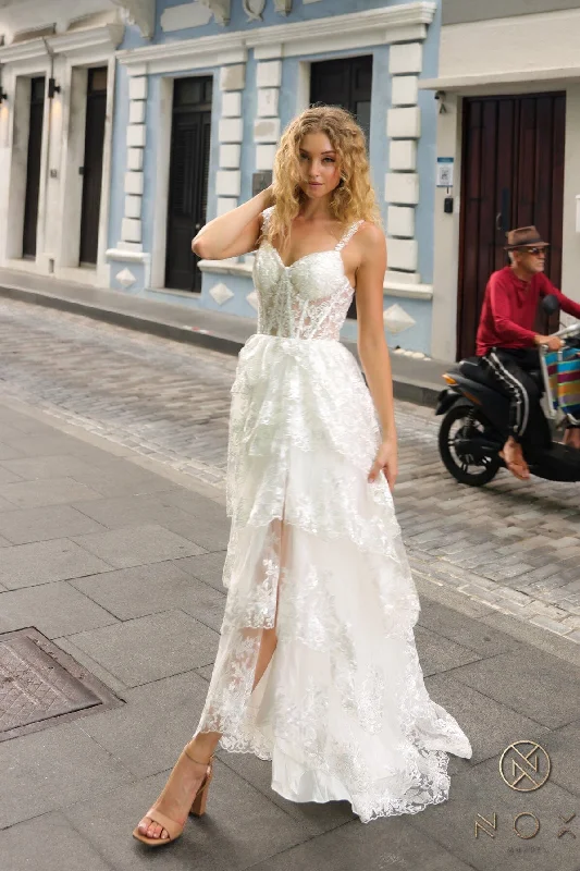 formal dresses with high necklines for modest fashion lovers --Applique Sleeveless Tiered Slit Gown by Nox Anabel T1335